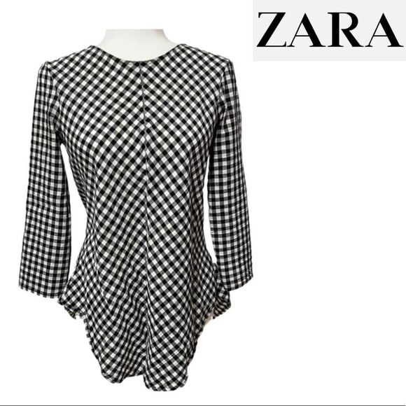 ZARA XSmall Black & White Fit & Flare Black & White Checkerboard Blouse - Picture 1 of 11